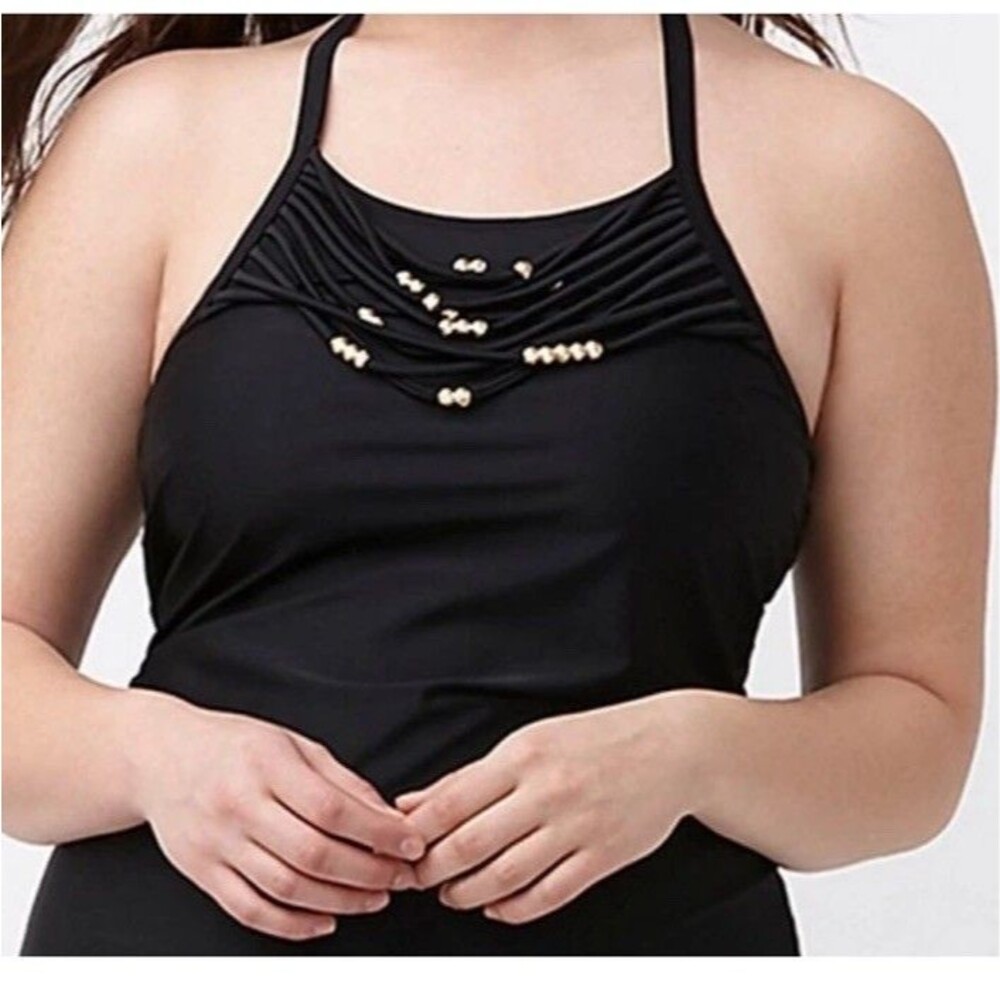 Lane Bryant Cacique Necklace Swim Tankini Built in No Wire Bra Black Plus 20W 2X